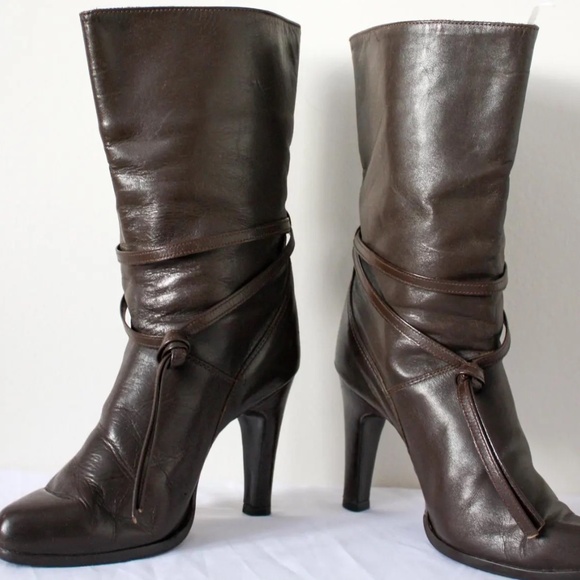 Brown Leather Mid-Calf Boots — Heeled Boots with Tie Detail, Women's Size 6 - Picture 3 of 9